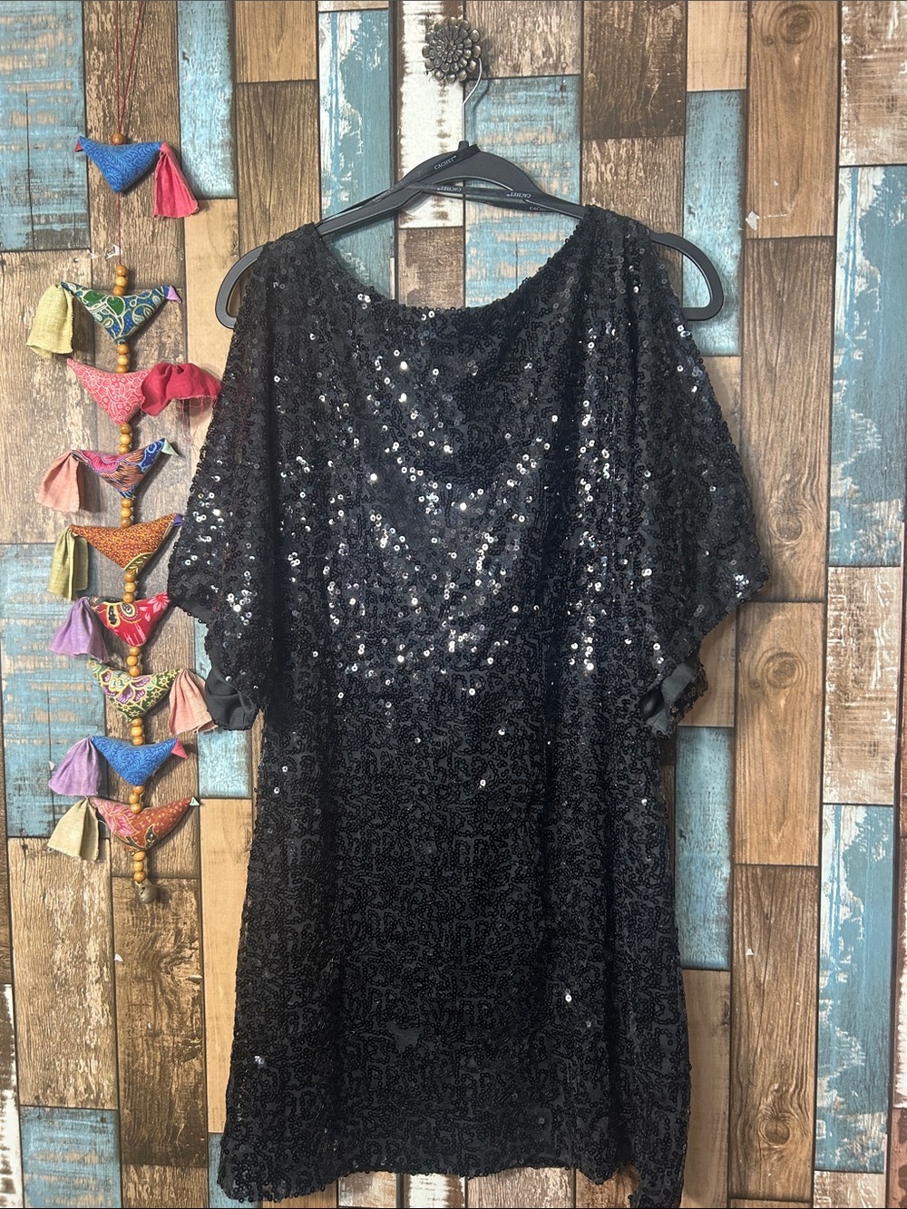 Cachet Black Sequin mini dress with Dolman Sleeves